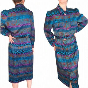 Louis Feraud 100% Silk  Vintage Maxi Dress Long Sleeve Colorful Size US 12